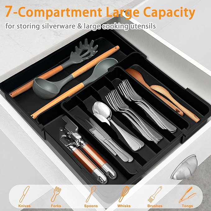 Homecor Silverware Organizer Expandable Kitchen Drawer Organizer with 7 Slots, BPA Free Cutlery Utensil Drawer Organizer, Kitchen Utensil Storage Tray for Forks Knives Spoons, Anti-Slip, Black-NeatNest