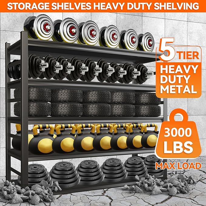 Garage Shelving, Storage Shelves Heavy Duty, 5-Tier Adjustable Black Shelving, 3000Lbs Utility Shelf for Garage/Basement/Kitchen, 72”H×48”W×24”D-NeatNest