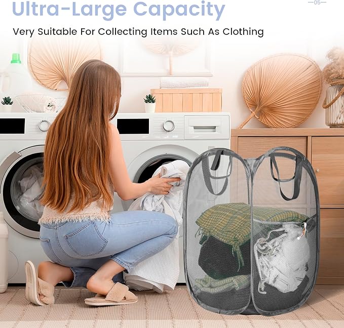 HOUSE AGAIN Mesh Popup Laundry Hamper, [Reinforced] Collapsible Laundry Basket, Foldable Pop Up Hamper with Durable Handles, Easy to Open and Fold for Dorm, Laundry Room, Bedroom, RV, (Grey）-NeatNest
