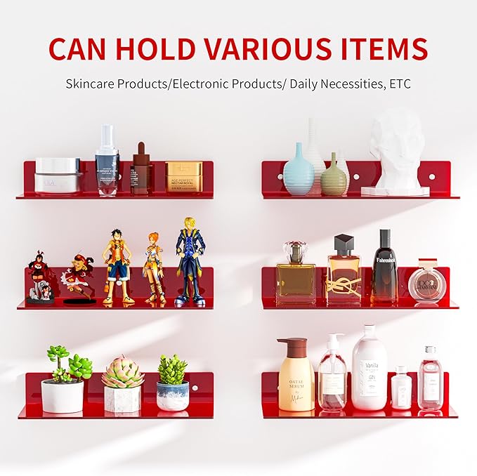 15 Inches Red Acrylic Shelves, Wall Mounted Shelves for Bedroom, Wall Display Shelves for Collectibles, Funko Pop, Speaker, Plants, 2 Pack-NeatNest