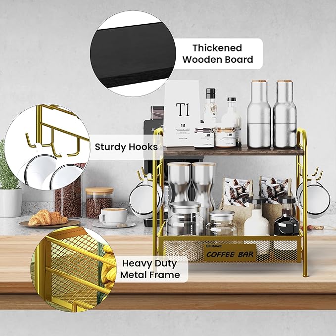 Coffee Bar Organizer for Countertop Station, Simple Assembly 2 Tier Shelf for Home,Office, Coffee Cup Holder Storage Organization for Counter Accessory Storage Rack with 4 Hooks Space-Saving-NeatNest