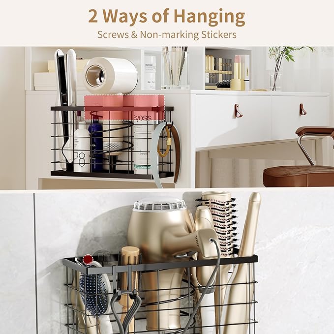 Hair Dryer Holder -3-in-1 Hair Tool Organizer Blow Dryer Holder Adjustable Height, Cabinet Door/Wall Mounted Bathroom Organizer Storage,Heat Safe Rack for Hair Straighteners, Curling Wands, Razor