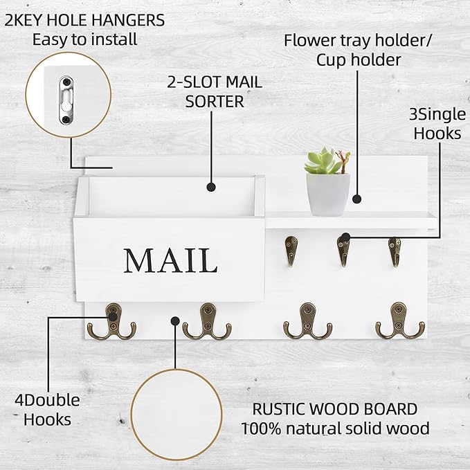 Key Holder for Wall, Heylor Mail and Key Hanger Wall Mount with Double Key Hook and Wall Coat Rack Shelf Decor,Key Organizer Suitable for Entryway, Hallway, Dog Leashes,Kitchen and Living Room (White)