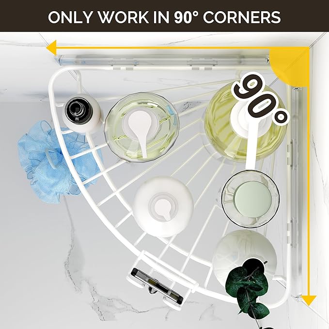 Orimade Corner Shower Caddy with 2 Hooks Wall Mounted Metal Bathroom Shelf Storage Organizer Adhesive No Drilling 2 Pack, White Only for 90-Degree Corner