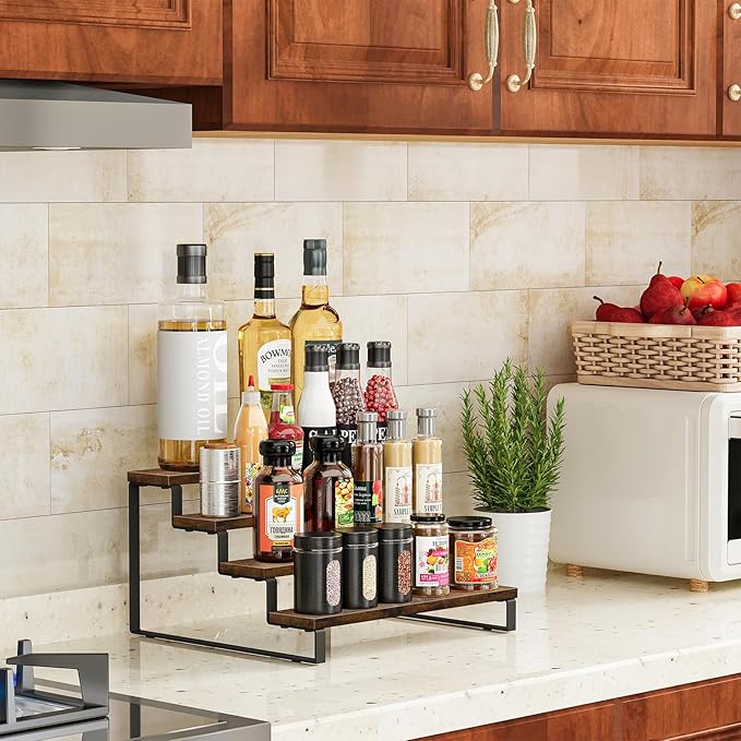 Giikin 4 Tier Spice Rack, Wooden Spice Rack for Countertop, Kitchen Counter Storage Shelves Cupcake Stand Holder Display Stand, Rustic Brown-NeatNest