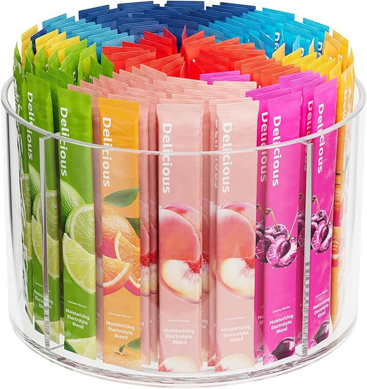 Divided Drink Packet Organizer, Rotating Turntable Organizer, Clear Lazy Susan for Powdered Drink Mix, Water Drink Packet Holder-NeatNest