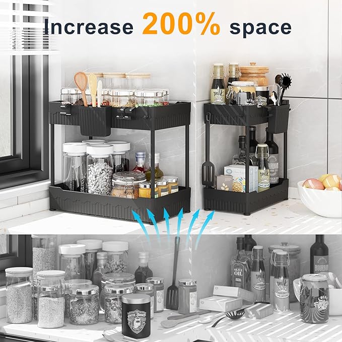 2 Pack Under Sink Organizer, Under Bathroom Cabinet Organizer with Hooks Hanging Cup, Multi-Purpose Storage Shelf for Kitchen Bathroom (Black, XL)-NeatNest