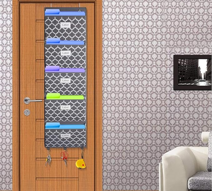 homyfort Over the Door File Organizer, Hanging File Folders, Wall Organizers and Storage for Mail, Magazine, Notebooks, Planners, Office, Classroom, 5 Extra Large Pockets (Grey Lantern Pattern)-NeatNest
