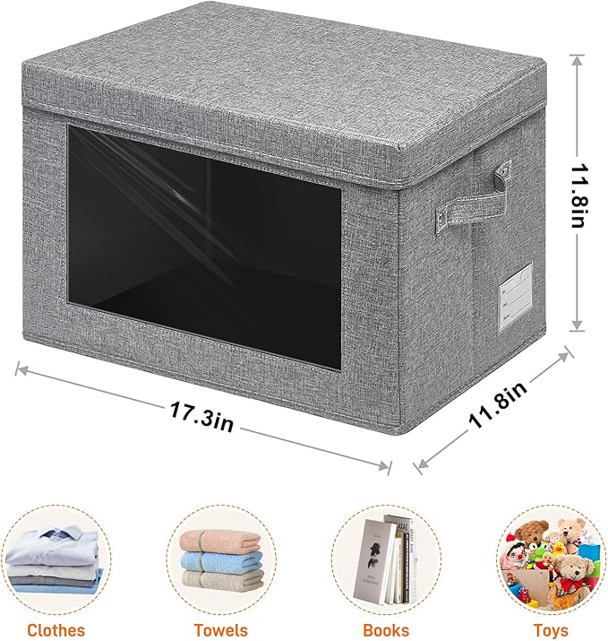 4-Pack Fabric Storage Bins with Lids, Foldable Storage Boxes with Handles & Clear Window, Closet Organizers for Clothes, Books (Grey, 4PCS/17.3 x 11.8 x 11.8 in)-NeatNest