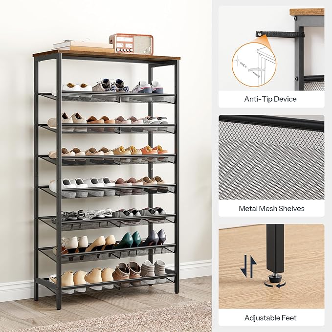HOOBRO 8-Tier Shoe Rack, 29.5"L Shoe Shelf, Large Capacity Shoe Storage Organizer for 21-24 Pairs of Shoes, Front Door Entrance, Entryway, Hallway, Closet, Space Saver, Rustic Brown and Black BF18XJ01-NeatNest