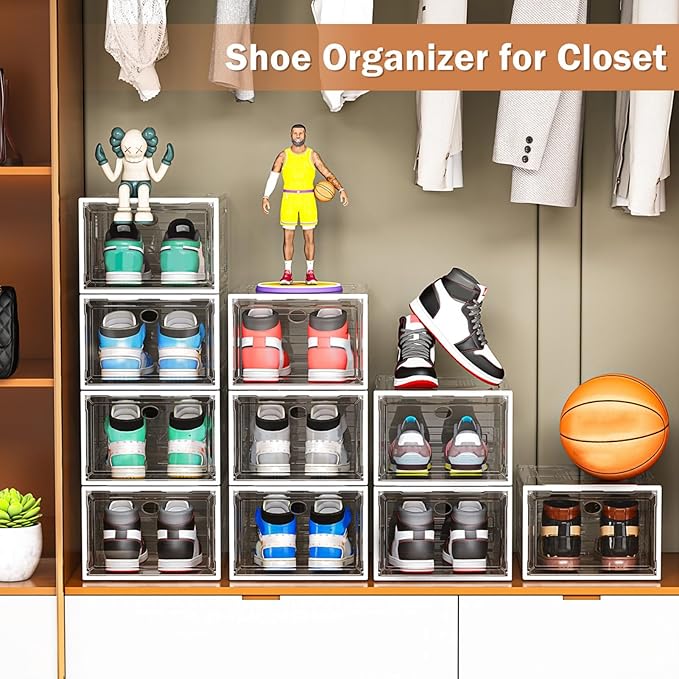 10 Pack Thicken Shoe Organizer Stackable,Upgraded Sturdy Shoe Storage Box with Magnetic Door,Shoe Containers For Sneaker Display,Hat Organizer,White-NeatNest