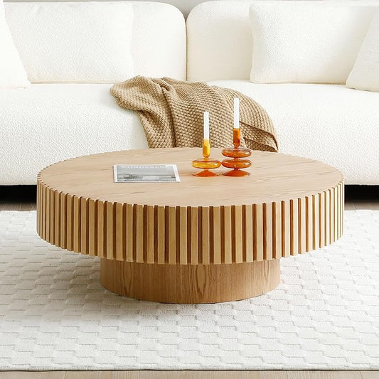 kevinplus 31.49'' Round Coffee Table Modern Wood Coffee Table for Living Room, Contemporary Circle Fluted Drum Style, Easy Assembly, Oak (ø31.49'' x 13.77'')