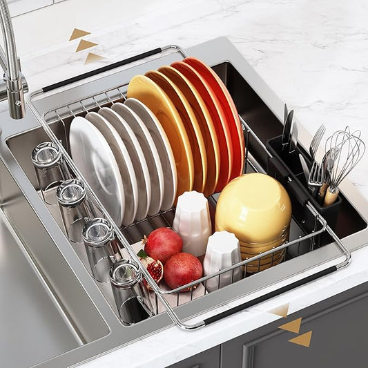 romision in Sink Dish Drying Rack, Stainless Steel Dish Drainers for Kitchen Sink, Use for in Sinks & Over Sink, Compact Dish Dryer Racks with Utensil & Cup Holder, Sliver