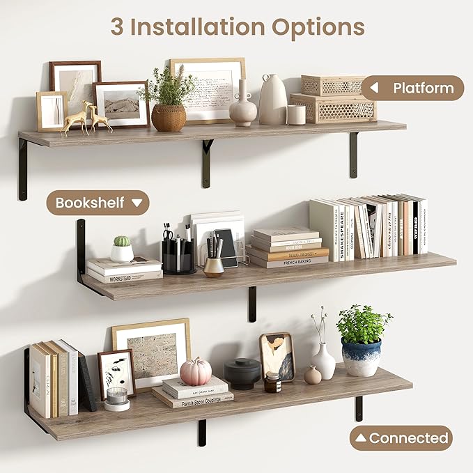 Fun Memories Floating Shelves for Wall, 12 Inch Deep Floating Shelves Set of 2, Wall Mounted Shelf with Metal Brackets, Rustic Wood Wide Shelf for Bathroom, Kitchen and Living Room, Grey, 55W x 12D-NeatNest