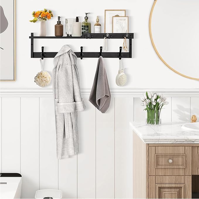 29'' Coat Rack Wall Mount with Shelf, Coat Hanger Wall Mount with Key Hooks and Mail Holder, Wood Entryway Floating Shelf with Hooks and Storage, Hat Rack for Wall Key Holder Mail Organizer