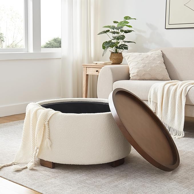 30 Inch Round Storage Ottoman Coffee Table, Modern Boucle Ottoman with Lift-Off Lid and Solid Wood Legs for Living Room, Bedroom, Corners, Apartments (Beige)