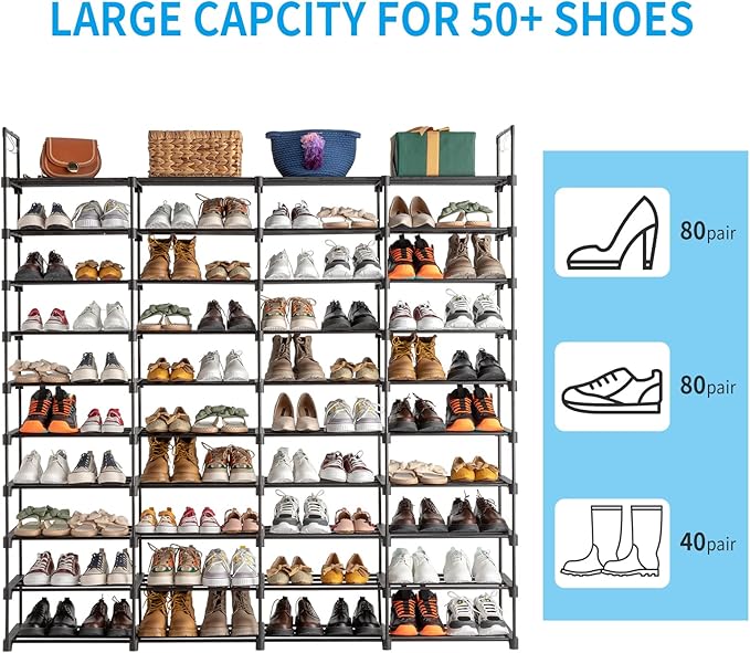 10-Tier Tall Shoe Rack - Free Standing Large Metal Closet Storage Shelves - Stackable Shoe Stand with Hooks for Bedroom Entryway - Holds 80 Pairs - Black-NeatNest