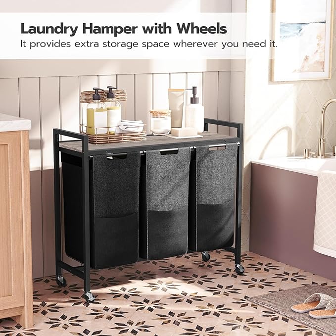 HOOBRO Laundry Sorter 3 Section, Laundry Hamper with Wheels, 3 × 11.5 Gal (43.4L), Rolling Laundry Basket, Pull-Out and Removable Oxford Fabric Bags, Greige and Black BG76XY01-NeatNest