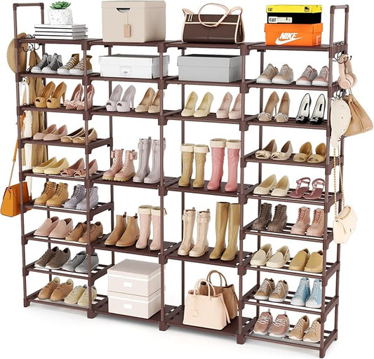 ROJASOP Large Shoe Rack Organizer for Entryway Closet 64-68 Pairs 9-Tier Heavy Duty Tall Garage Shoe Rack Shoe Shelf Shoes Storage with 18 Pcs Removable Side Hooks for Bedroom and Garage Brown-NeatNest