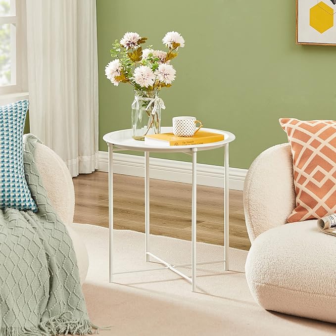 VECELO Side/End Table, Folding Round Metal Anti-Rust and Waterproof Outdoor or Indoor Tray for Living Room Bedroom Balcony and Office, 1 PCS, Beige