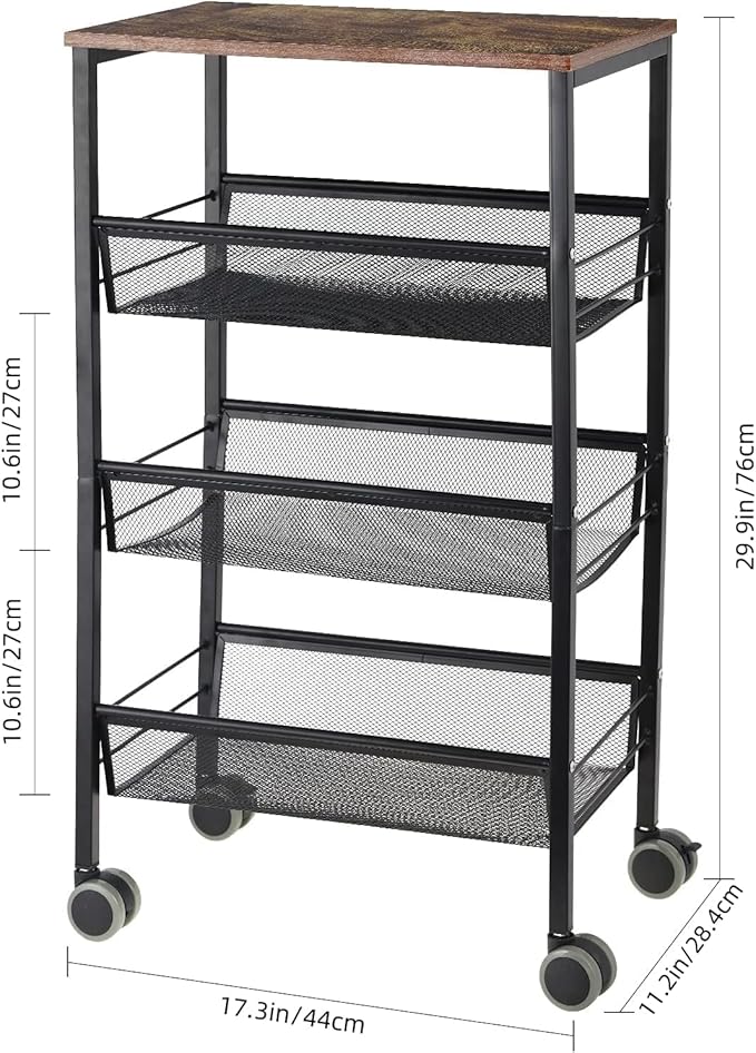 LIANTRAL Rustic Kitchen Storage Cart, 4 Tier Kitchen Cart on Wheels, Metal Mesh Storage Pantry Cart with Lockable Wheels, Wood Look Top and Metal Frame.