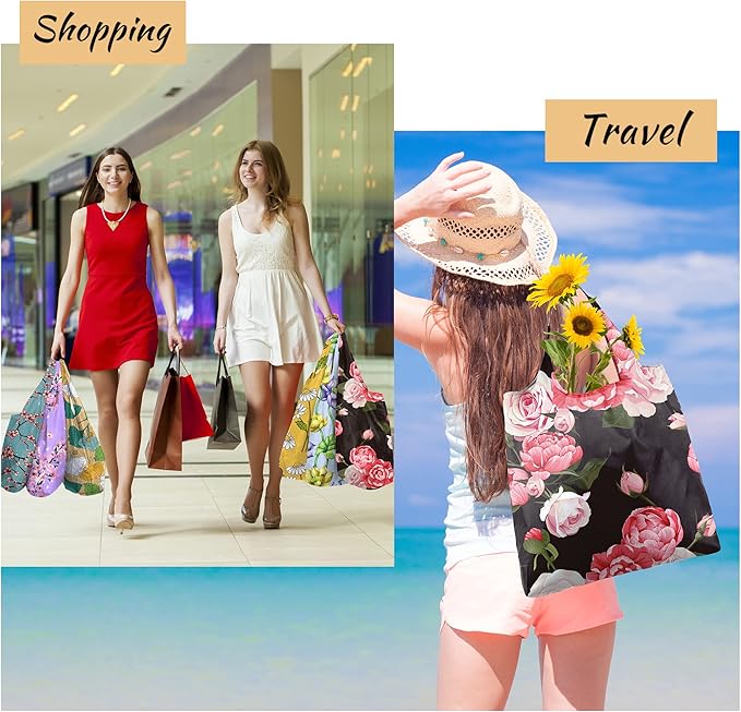 BeeGreen Floral Foldable Grocery Reusable Bags Large Shopping Tote for Groceries Cute Cloth Bags With Handles Gift Bag Groceries Tote -bag Bulk Polyester Heavy Duty Holiday-NeatNest