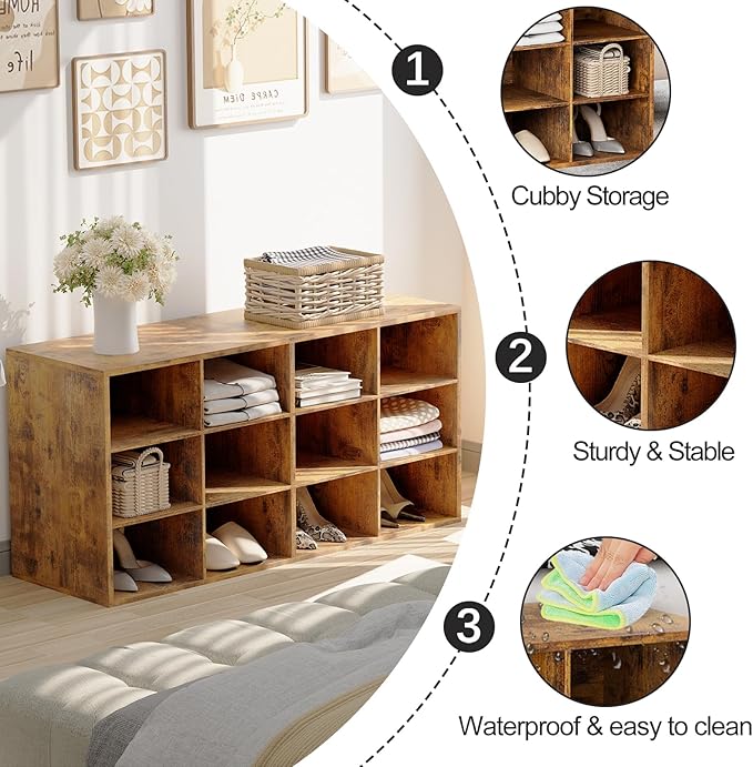 Garden 4 you Shoe Storage Bench, Cubby Shoe Rack with 12 Cubbies, 3-Tier Wood Shoe Rack Organizer, Shoe Organizer Cabinet for Entryway, Hallway, Closet and Garage, Brown-NeatNest
