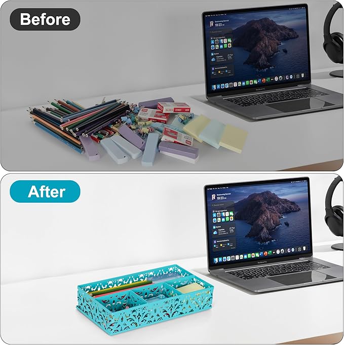 EasyPAG Desk Drawer Organizer with 4 Compartments, Carved Hollow Floral Metal Tray for Office, Jewelry, Cosmetics - No Assembly, Dark Teal-NeatNest