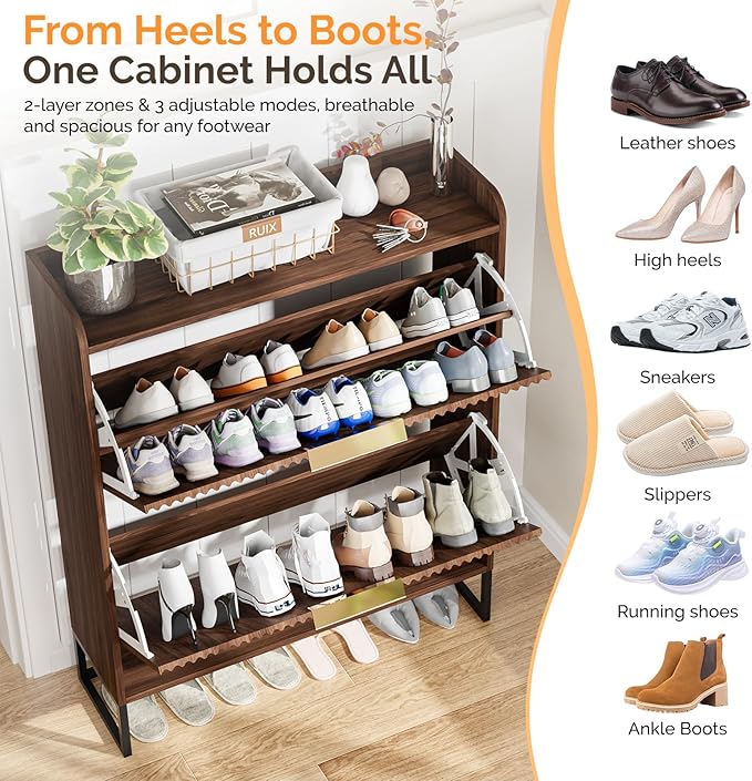 VINGLI Fluted Shoe Cabinet Storage for Entryway,Hidden Shoes Storage Cabinet with 2 Flip Drawers, Mid Century Modern Shoe Rack Organizer,Free Standing Shoes Organizer for Hallway(Dark Walnut)-NeatNest