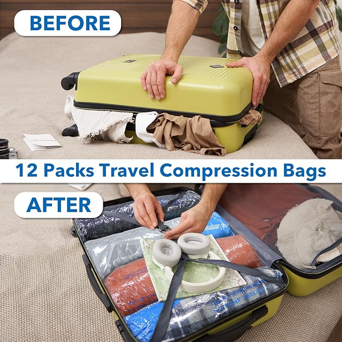 12 Pack Compression Bags for Travel | Vacuum Seal Storage Bags for Luggage & Dirty Clothes | Travel Packing Space Saver Bags for Suitcases & Home Organization | MEIQIHOME-NeatNest