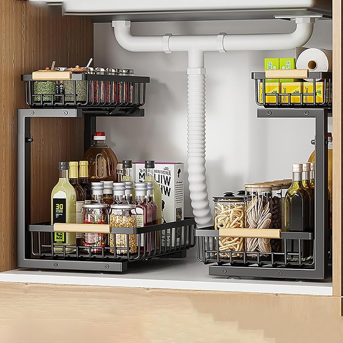 2 Tiers Under Sink Organizers, 2 Pack Metal Kitchen Storage Shelf, Pull Out Sink Storage Rack, Multi-purpose Under Sink Shelf Organizer for Under Sink Cabinet Bathroom Kitchen (Black)-NeatNest