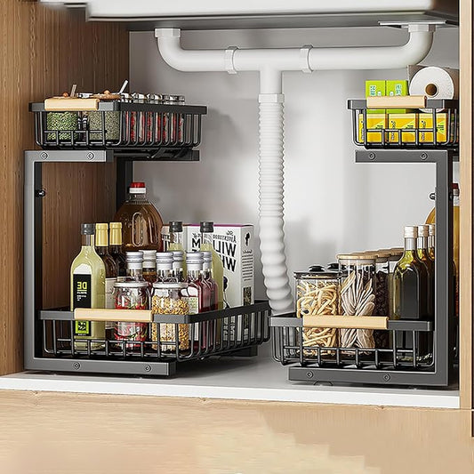 2 Tiers Under Sink Organizers, 2 Pack Metal Kitchen Storage Shelf, Pull Out Sink Storage Rack, Multi-purpose Under Sink Shelf Organizer for Under Sink Cabinet Bathroom Kitchen (Black)-NeatNest