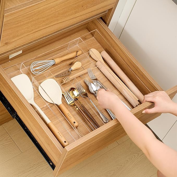 Expandable Kitchen Drawer Organizer Clear Acrylic Utensil Organizer Adjustable Acrylic Silverware Storage for Kitchen Drawers Silverware Flatware Knives(6-8 Compartments,12 x 16 Inches)