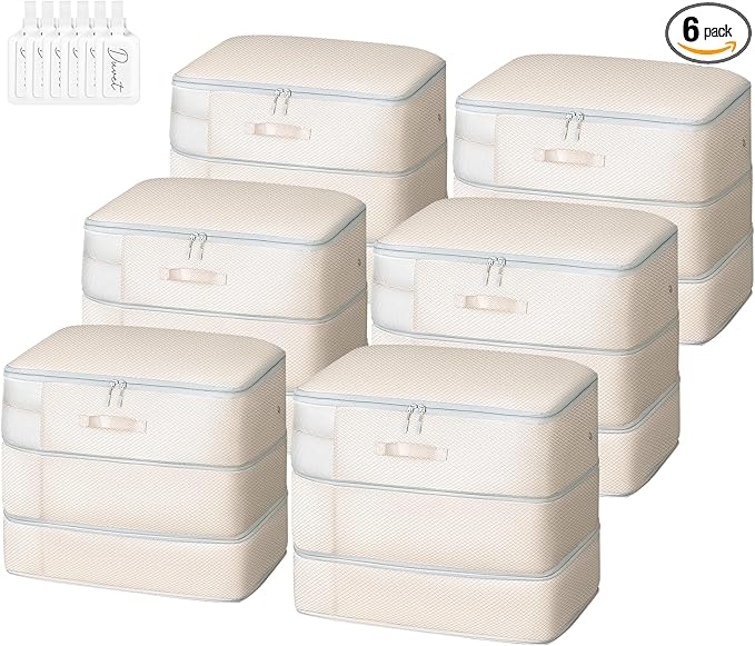 Comforter Storage Bag - Large Capacity Blanket Storage Bags 3-Layer Ultra Space Saving Self Compression Organizer, Washable Compression Bags for Storage Comforter Blanket, 6-Pack, Beige-NeatNest