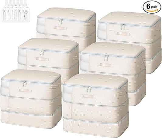 Comforter Storage Bag - Large Capacity Blanket Storage Bags 3-Layer Ultra Space Saving Self Compression Organizer, Washable Compression Bags for Storage Comforter Blanket, 6-Pack, Beige-NeatNest