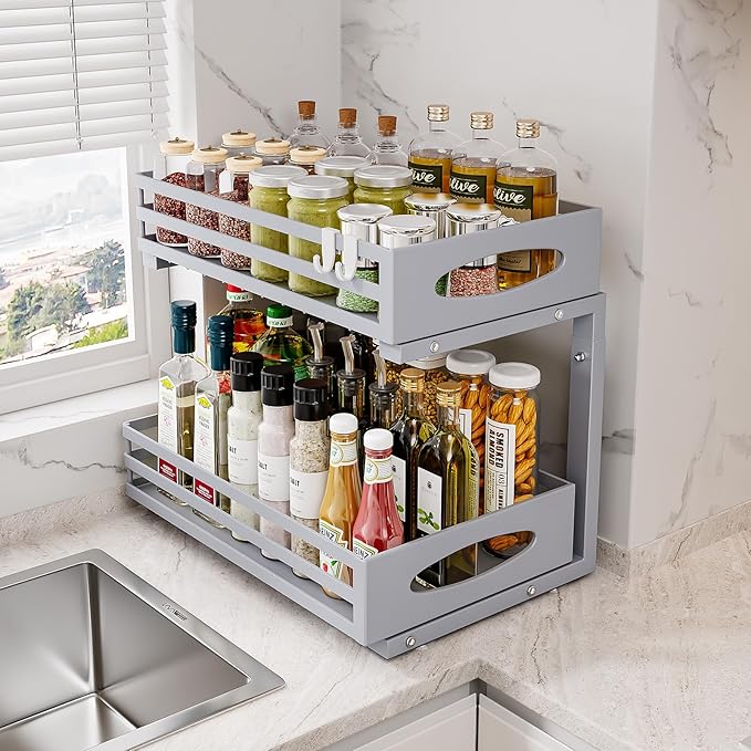 Under Sink Organizer, 2 Tier Under Sink Organizers and Storage, Adjustable Height, Slide Out Metal Cabinet Organizers, Pull Out Cabinet Storage Drawer Shelf for Kitchen Bathroom Gray, 1 Pack-NeatNest