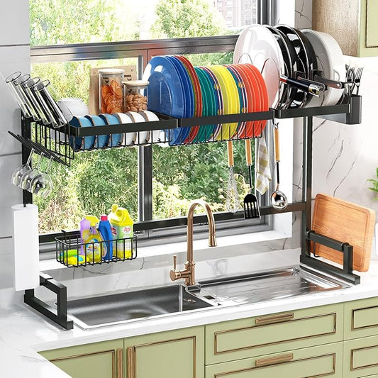 ADBIU Over The Sink (24"- 32.5" L) Dish Drying Rack (Expandable Dimension) Snap-On Design 2 Tier Kitchen Large Dish Drainer Counter Storage Organizer