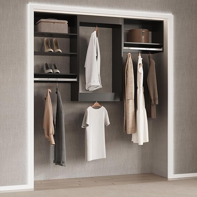 Double Hanging Closet Unit, Modular Closet System, Wood Closet System Organizer with Storage for Walk In Closets, Clothing Rack Wardrobe Closet for Hanging Clothes, Bedroom, Black, 19.5"W