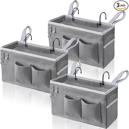 3pcs Bedside Caddy Hanging Storage Bag, Water Cup Holders, Organizer Baskets with Pockets for Bunk Bed Shelf, Hospital Beds, Loft & Dorm Rooms Accessories (Bedside bag-Grey)-NeatNest