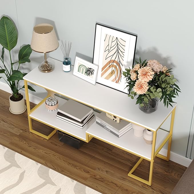 Console Table, 3-Tier Industrial Entryway Table, 53”L Entrance Sofa Table with Shelves, Hallway, Living Room, Foyer, Corridor, Office, White and Gold-NeatNest