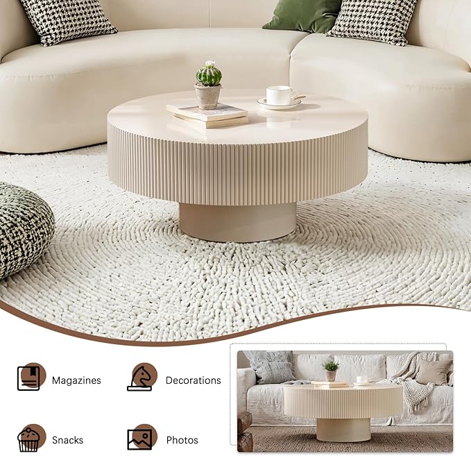 Fluted Coffee Tables 30.91" Round Wood Coffee Table Modern Handcraft Drum Coffee Table with Sturdy Pedestal Circle Luxury Center Tables for Living Room Home Office,White Thickened