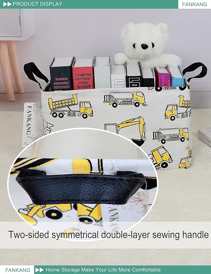FANKANG Storage Bins, Nursery Hamper Canvas Laundry Basket Foldable with Waterproof PE Coating Large Storage Baskets for Kids Boys and Girls, Office, Bedroom, Clothes,Toys(Rec-excavator）