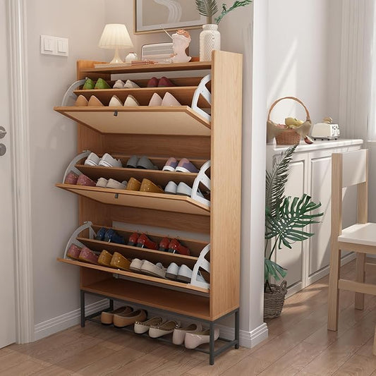 AVZEAR Narrow Shoe Storage Cabinet with 3 Flip Drawers, Freestanding Shoe Organizer Wooden Closed Shoe Rack, Slim Shoe Cabinet Storage for Entryway, Hallway, Living Room (Natural)-NeatNest