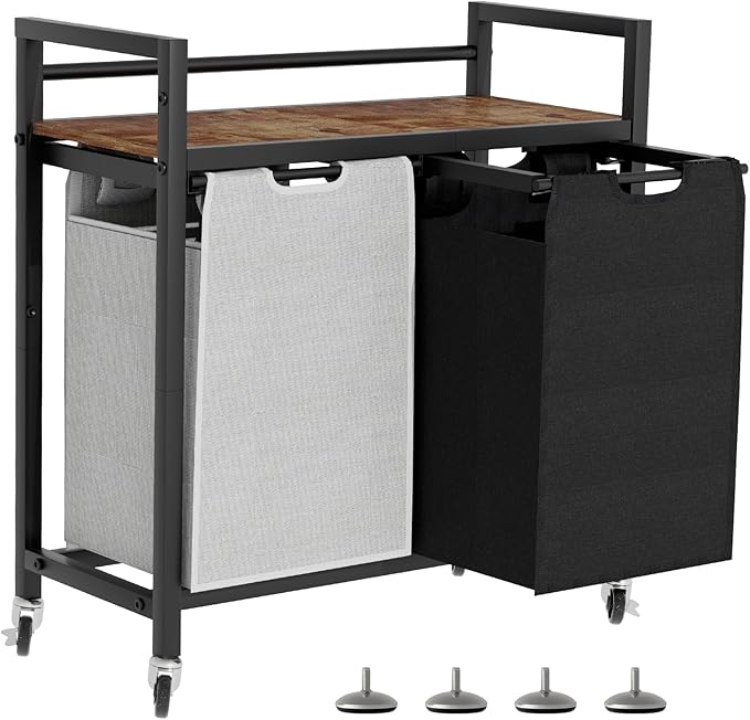 Laundry Hamper, Laundry Basket, Laundry Sorter with 2 Removable Bags, Clothes Basket with 2 Compartments, Wheels, Shelf for Laundry Room Bathroom Bedroom (2 Bags-Black Grey)-NeatNest
