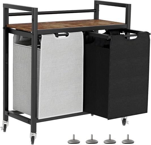 Laundry Hamper, Laundry Basket, Laundry Sorter with 2 Removable Bags, Clothes Basket with 2 Compartments, Wheels, Shelf for Laundry Room Bathroom Bedroom (2 Bags-Black Grey)-NeatNest