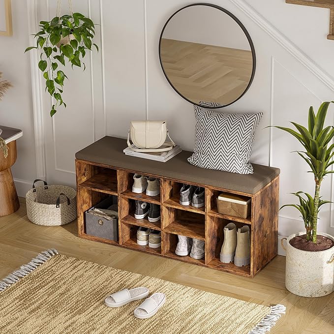 DINZI LVJ Shoe Storage Bench with Cushion, Cubby Shoe Rack with 12 Cubbies, Adjustable Shelves, Multifunctional Shoe Organizer Bench for Entryway, Mudroom, Hallway, Closet and Garage, Rustic Brown-NeatNest