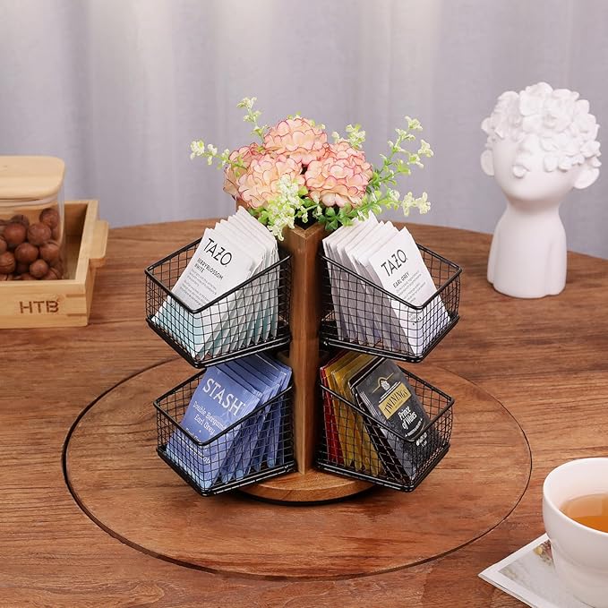 HTB Carousel Tea Bag Organizer for Counter, 2 Tier Tea Bag Holder with 6 Removable Tea Baskets and Acacia Wood Station, Tea Organizers and Storage for Cabinet, Countertop-NeatNest