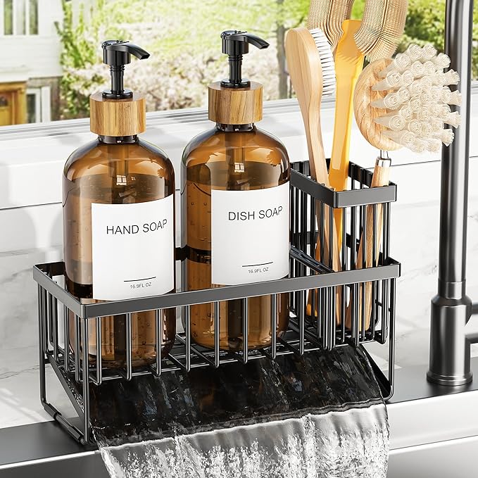 Cisily Kitchen Dish Soap Dispenser Set with 2 Pack Amber Glass, Kitchen Soap Dispensers with Adjustable Black Sink Caddy, Vintage Kitchen Soap Dispenser Set, Hand and Dish Soap Dispensers Set-NeatNest