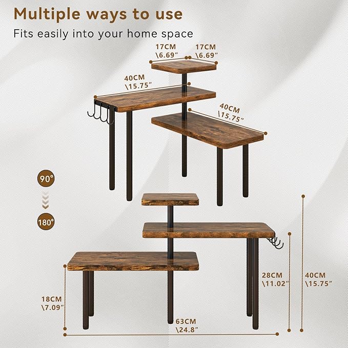IBUYKE Countertop Organizer,3-Tier Spice Racks,Set of 2,Kitchen Counter Corner Shelf,4 Side Hooks,Adjustable Countertop Shelf for Kitchen, Bathroom, Coffee Bar, Cabinet, Desk,Rustic Brown,TLJ023H-2-NeatNest