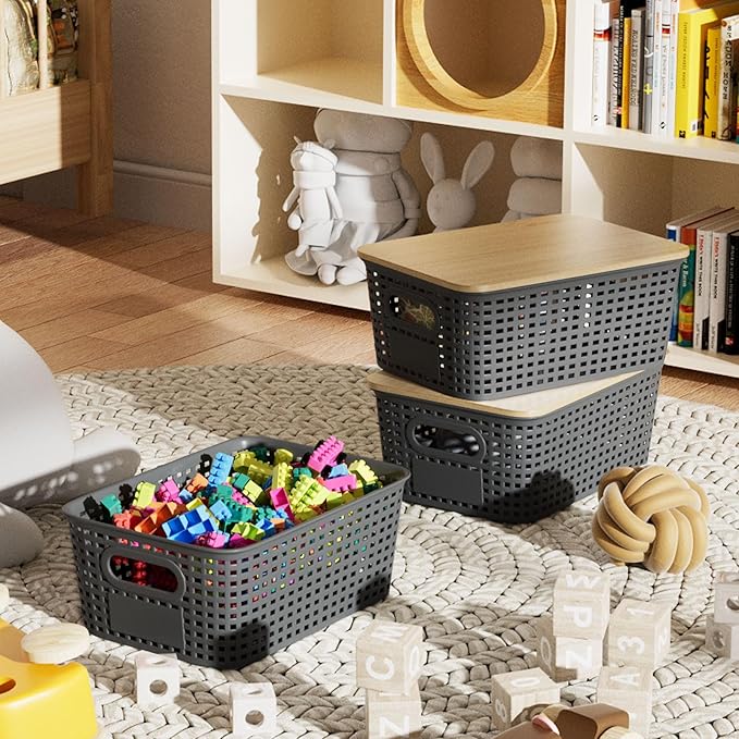 6-Pack Stackable Storage Bins with Bamboo Lids, Small 5 Qt Decorative Plastic Storage Baskets Boxes Containers with Labels for Organizing Shelves Classroom Closet Office Bathroom, Grey-NeatNest